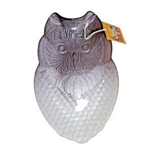Turkish Delights Owl Glass Serving Bowl Plate Blue Gray Fade Shimmer 11 x 7-inch